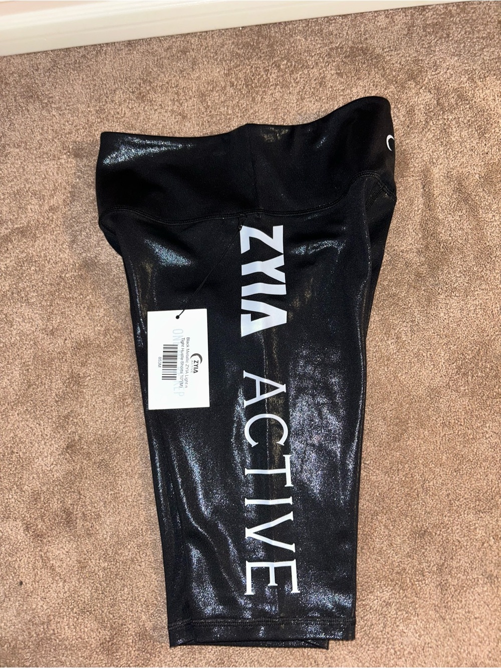 NWT Zyia Active Black Metallic Shimmer Biker Shorts Medium